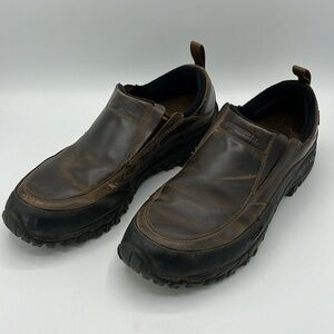MERRELL SIZE 12 DARK EARTH BROWN SLIP ON LEATHER MOC J39577